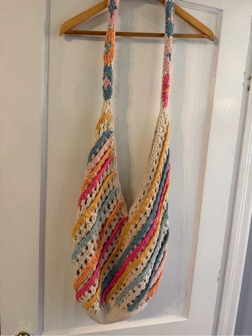 Crochet Sling Bag in Cream with Pastel Stripes